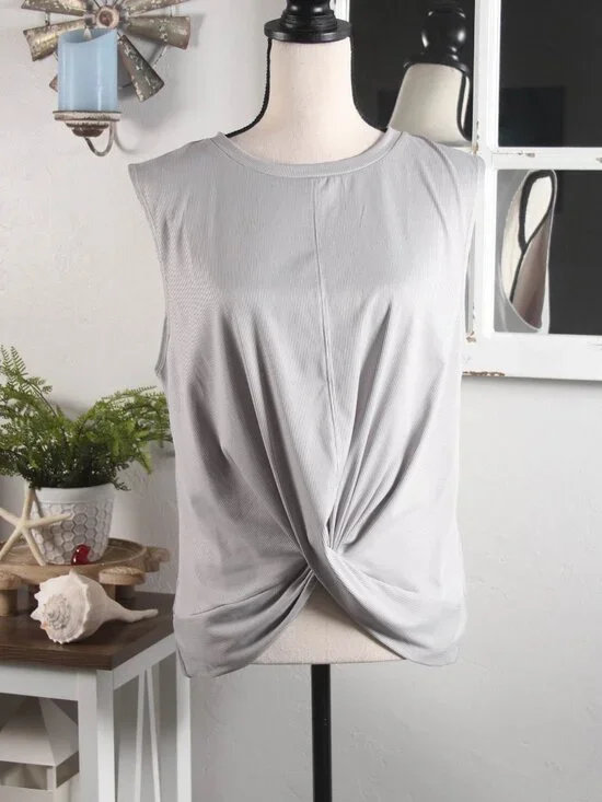 Apana Gray Sleeveless Twist Front Top XL Ribbed Stretch Athleisure Yoga Tank - Picture 2 of 6